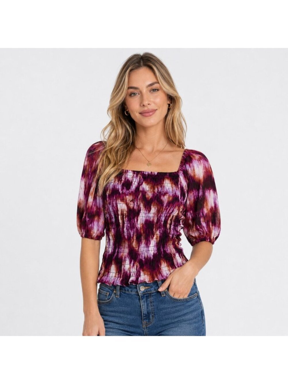 Old Navy Womens Tall Smocked Puff-Sleeve Top Tie-Dye Print L
